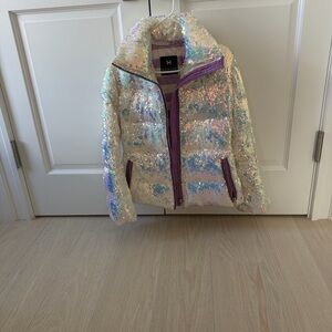 Hanson Mexican designer Iridescent Sequin Puffer Jacket with Lavender Trim
